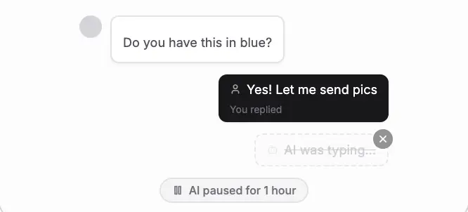 Post Farming inbox showing the AI pausing while a human agent types a reply, with the 'AI paused for 1 hour' indicator visible