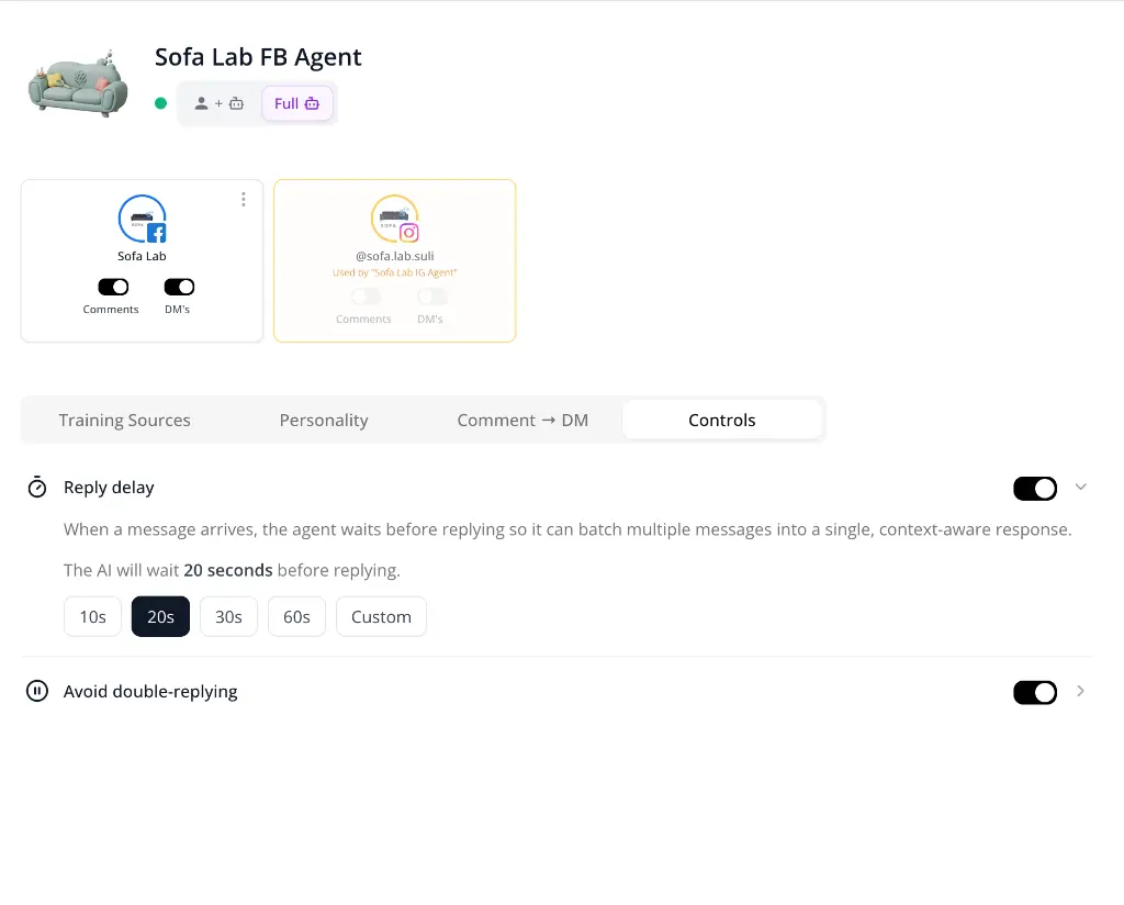 Post Farming agent settings showing reply delay configuration and avoid double-replying toggle