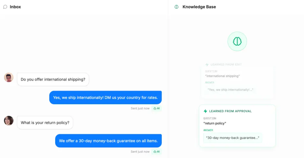 Post Farming Knowledge Base displaying learned responses from edits and approvals